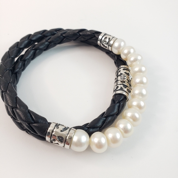 Balinese pearl necklace tooled sterling silver black braided leather cord Bali - Picture 7 of 12